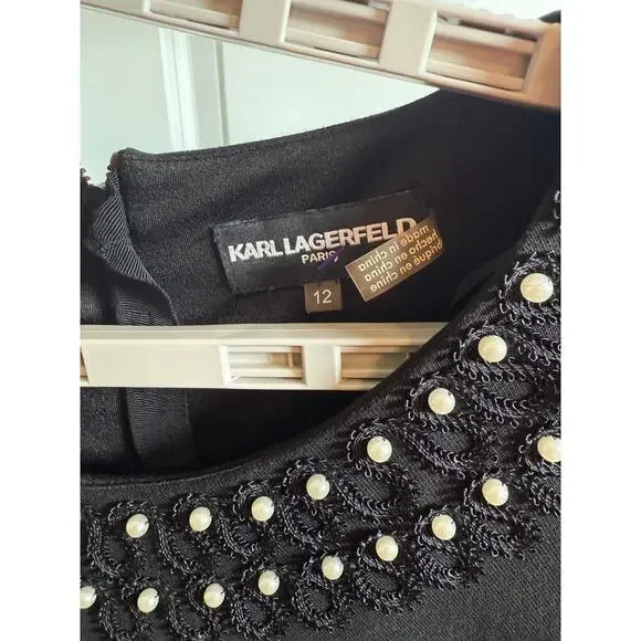 Karl Lagerfeld Paris Black Pearl Embellished Dress Bell Sleeve Women’s Size 14 - Picture 7 of 15